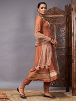 Women Brown Kurta Set With Net Sequins Dupatta