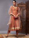 Women Brown Kurta Set With Net Sequins Dupatta