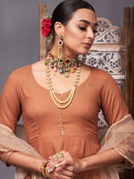 Women Brown Kurta Set With Net Sequins Dupatta