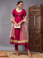 Women Burgundy Kurta Set With Golden Net Sequins Dupatta