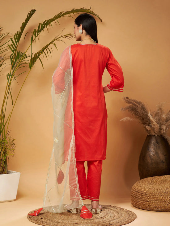 Women Orange Kurta Set With Olive Organza Dupatta