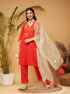 Women Orange Kurta Set With Olive Organza Dupatta