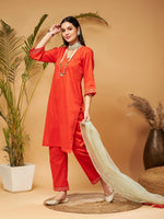 Women Orange Kurta Set With Olive Organza Dupatta