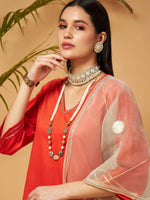 Women Orange Kurta Set With Olive Organza Dupatta