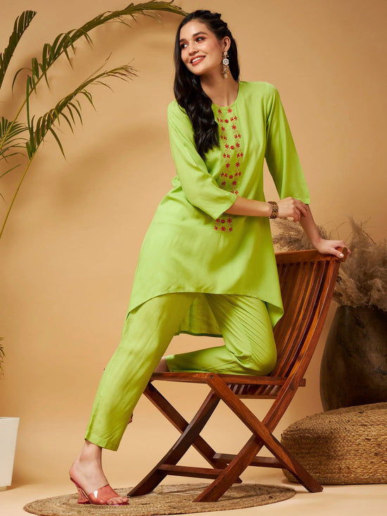 Women Lime Green Embroidered High Low Kurta With Pants