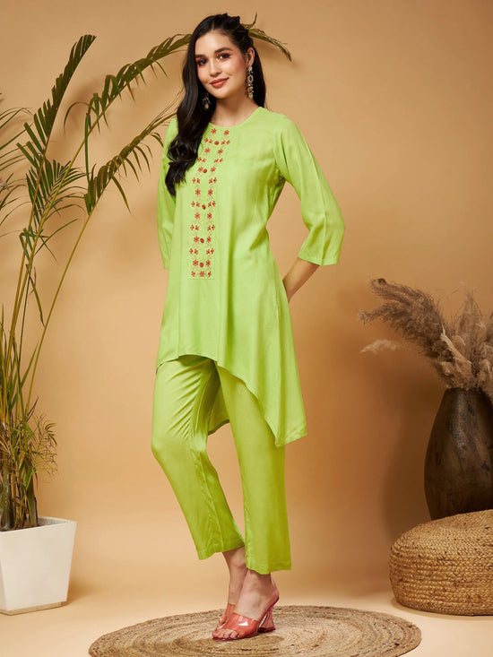 Women Lime Green Embroidered High Low Kurta With Pants