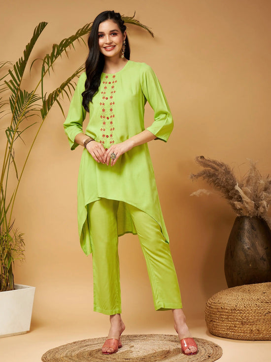 Women Lime Green Embroidered High Low Kurta With Pants