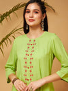 Women Lime Green Embroidered High Low Kurta With Pants