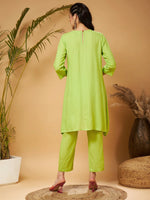 Women Lime Green Embroidered High Low Kurta With Pants