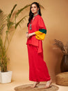 Women Red Contrast Flared Sleeves Top With Palazzos