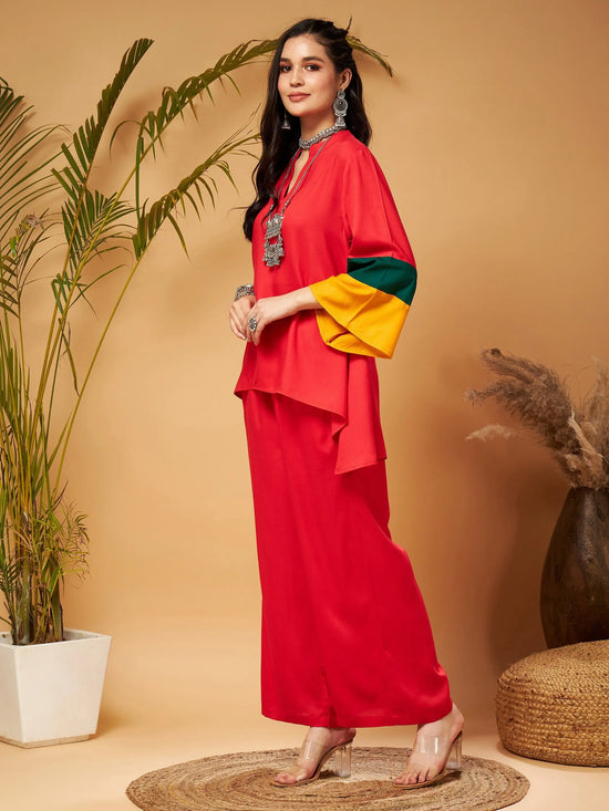 Women Red Contrast Flared Sleeves Top With Palazzos