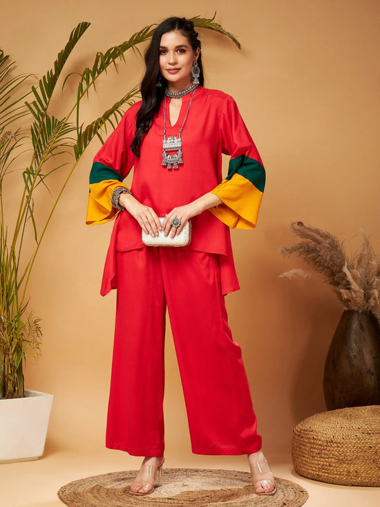 Women Red Contrast Flared Sleeves Top With Palazzos