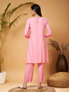 Women Pink Embroidered High Low Kurta With Pants