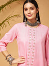 Women Pink Embroidered High Low Kurta With Pants