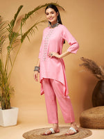 Women Pink Embroidered High Low Kurta With Pants