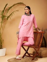 Women Pink Embroidered High Low Kurta With Pants