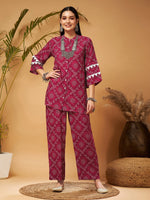 Women Fuchsia Bandhej Top With Palazzos