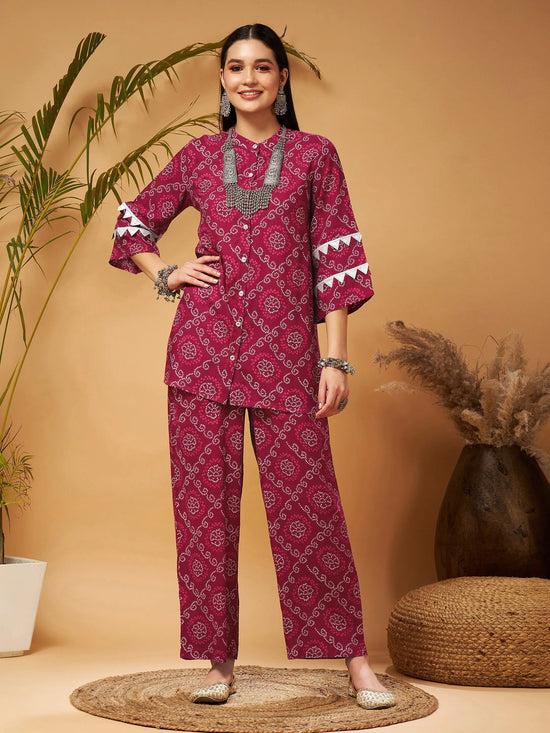 Women Fuchsia Bandhej Top With Palazzos