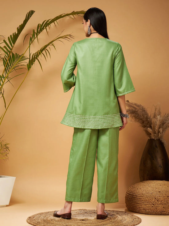 Women Green Peplum Gota Lace Top With Palazzos