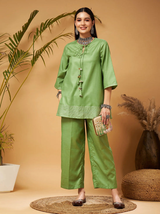 Women Green Peplum Gota Lace Top With Palazzos