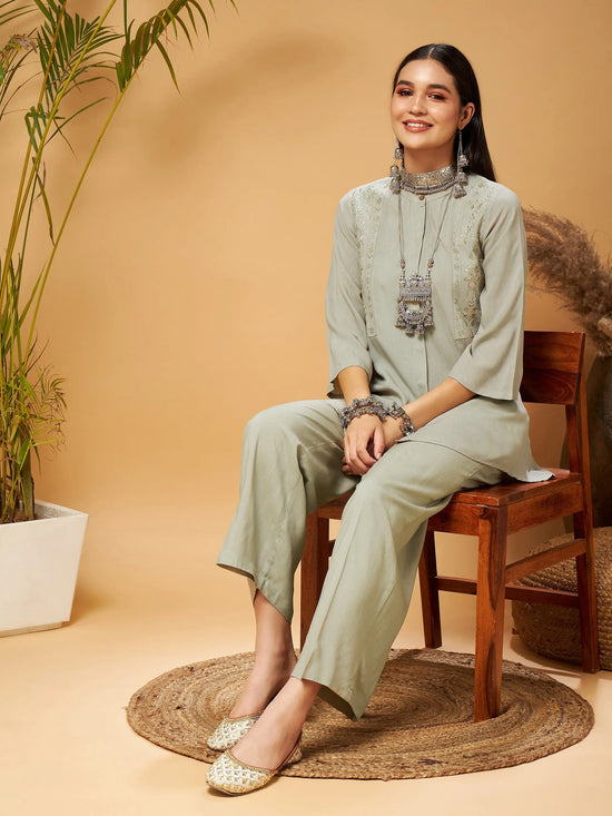 Women Taupe Embroidered Top With Palazzos