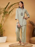 Women Taupe Embroidered Top With Palazzos