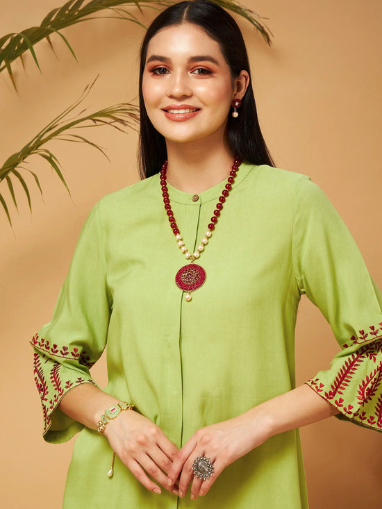 Women Green Embroidered Top With Palazzos