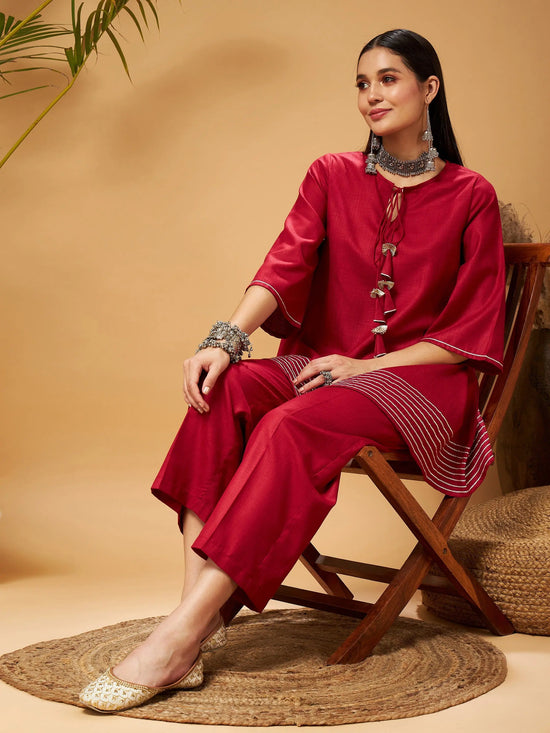 Women Maroon Peplum Gota Lace Top With Palazzos