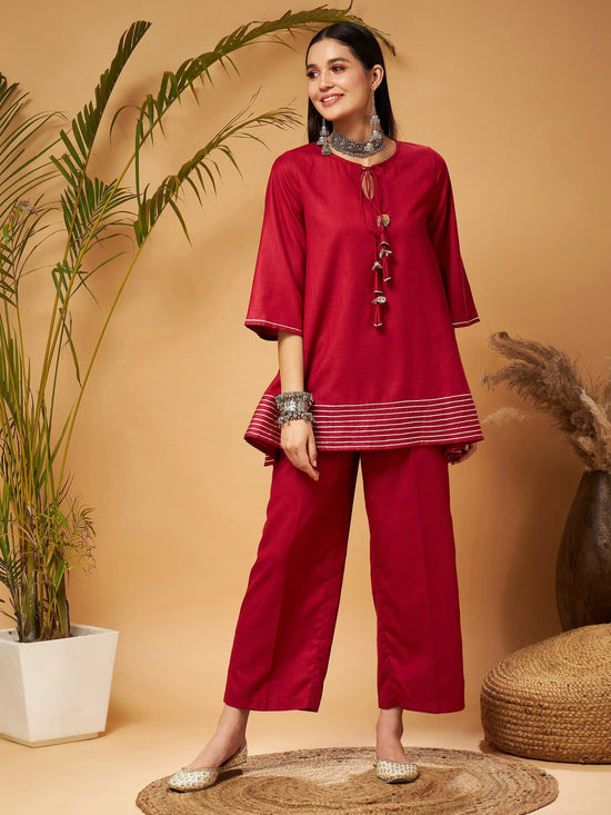 Women Maroon Peplum Gota Lace Top With Palazzos