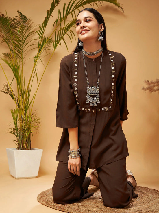 Women Brown Zari Embroidered Top With Palazzos