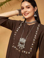 Women Brown Zari Embroidered Top With Palazzos