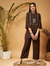 Women Brown Zari Embroidered Top With Palazzos