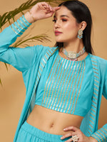 Women Blue Crop Top With A-Line Pants & Shrug