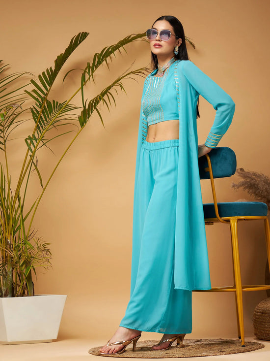 Women Blue Crop Top With A-Line Pants & Shrug