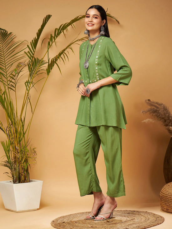 Women Green Zari Embroidered Top With Palazzos