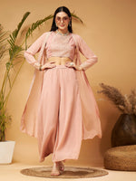 Women Peach Crop Top With A-Line Pants & Shrug