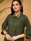 Women Olive Zari Embroidered Shirt Collar Top With Palazzos