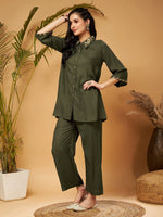 Women Olive Zari Embroidered Shirt Collar Top With Palazzos