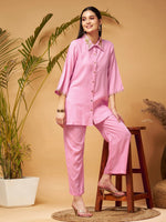 Women Pink Zari Embroidered Shirt Collar Top With Palazzos