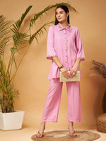 Women Pink Zari Embroidered Shirt Collar Top With Palazzos