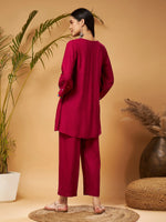 Women Burgundy Mirror Work Embroidered Top With Palazzos