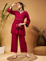 Women Burgundy Mirror Work Embroidered Top With Palazzos