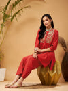 Women Red Bodice Zari Embroidered Top With Palazzos