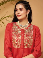 Women Red Bodice Zari Embroidered Top With Palazzos