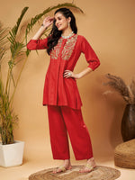 Women Red Bodice Zari Embroidered Top With Palazzos