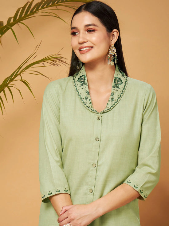 Women Olive Zari Embroidered Shawl Collar Top With Palazzos