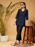 Women Navy Zari Embroidered Shawl Collar Top With Palazzos