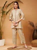 Women Beige Contrast Embroidered Top With Front Slit Pants