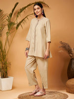 Women Beige Contrast Embroidered Top With Front Slit Pants