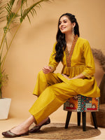 Women Mustard Embroidered Gathered Top With Palazzos